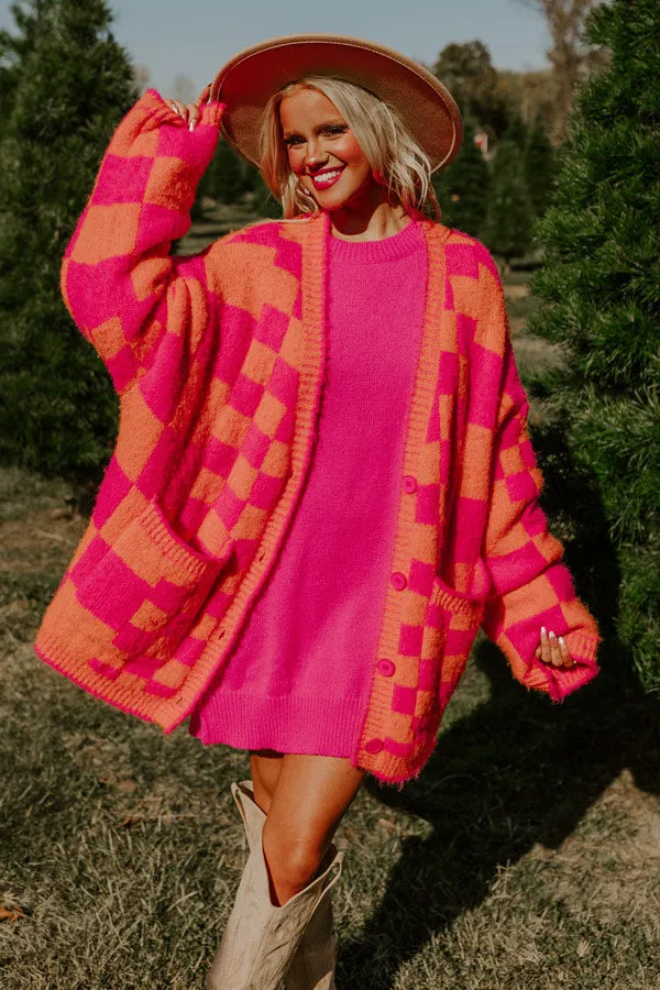 Around The Block Checkered Cardigan in Hot Pink