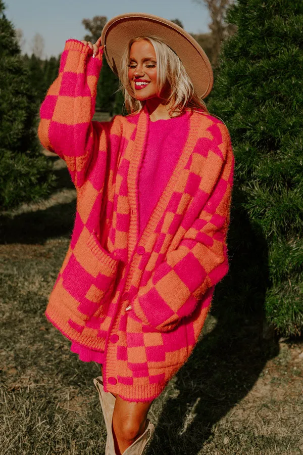 Around The Block Checkered Cardigan in Hot Pink