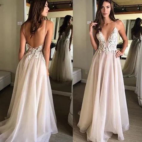 Backless Spaghetti Straps A-line Organza Flowy Prom Dress Long