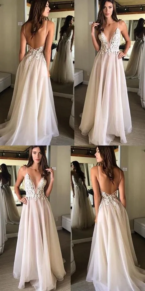 Backless Spaghetti Straps A-line Organza Flowy Prom Dress Long