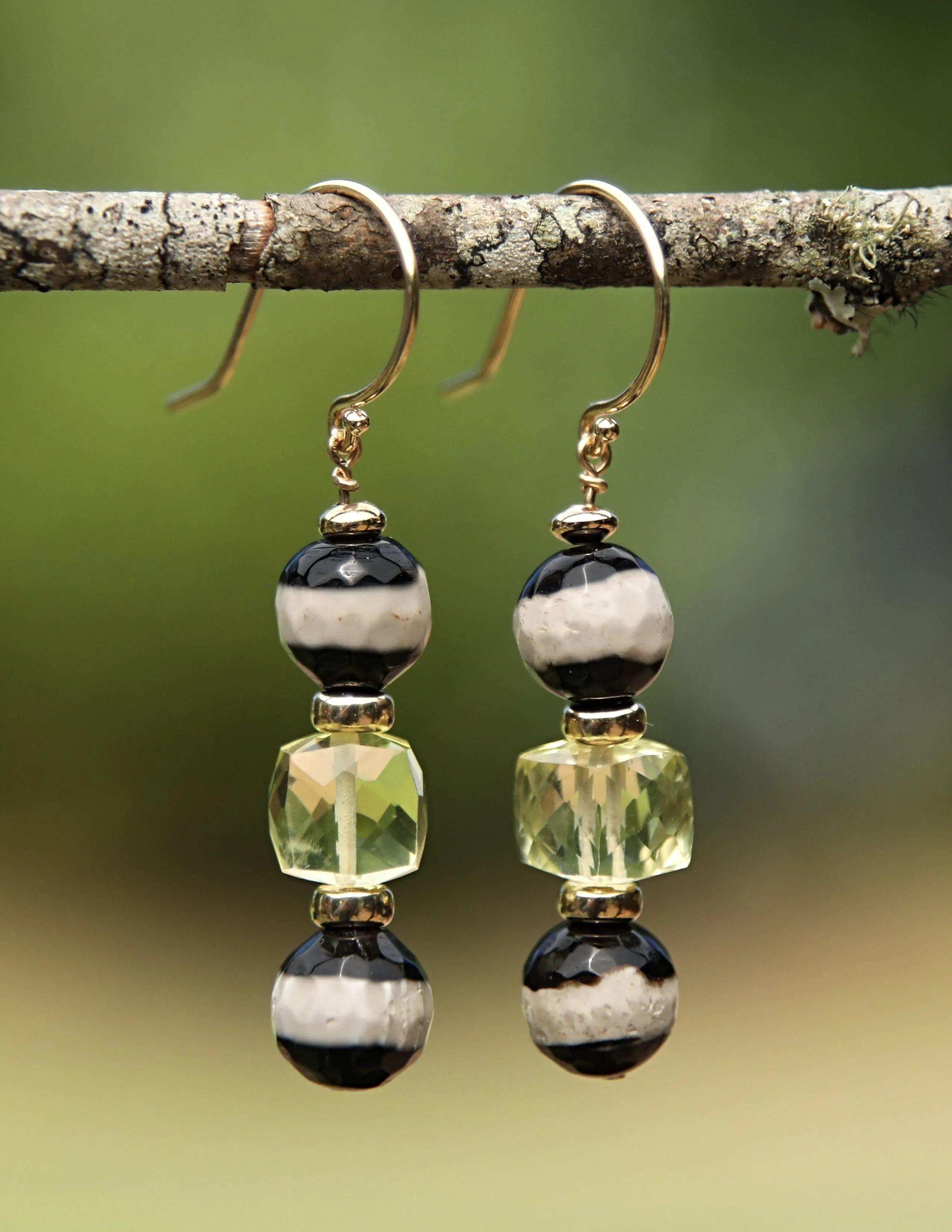 Banded Agate, Lemon Quartz, and Gold Ear Wires