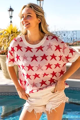 BiBi Star Pattern Round Neck Short Sleeve Knit Top