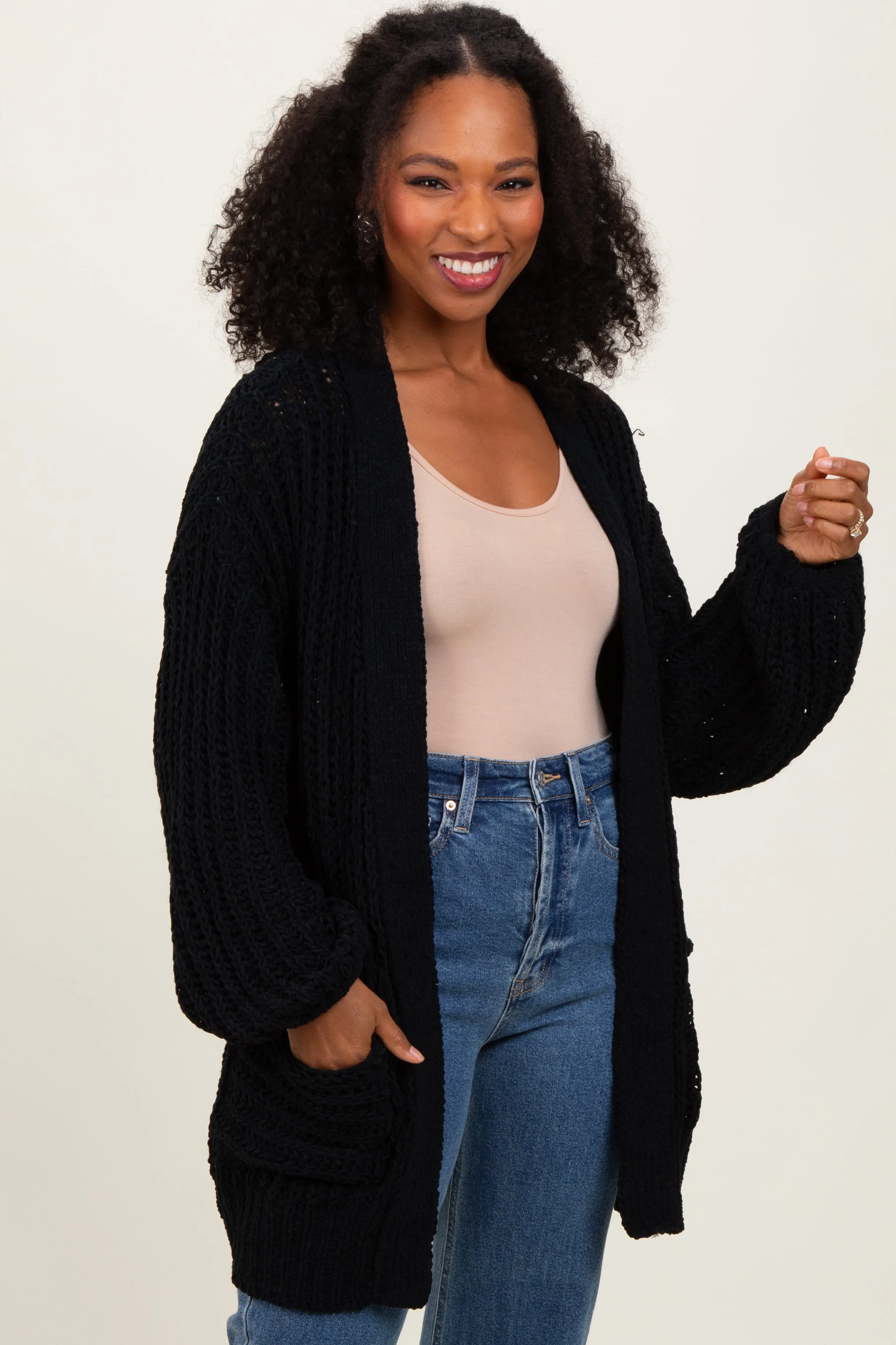 Black Chunky Knit Oversized Pocket Cardigan