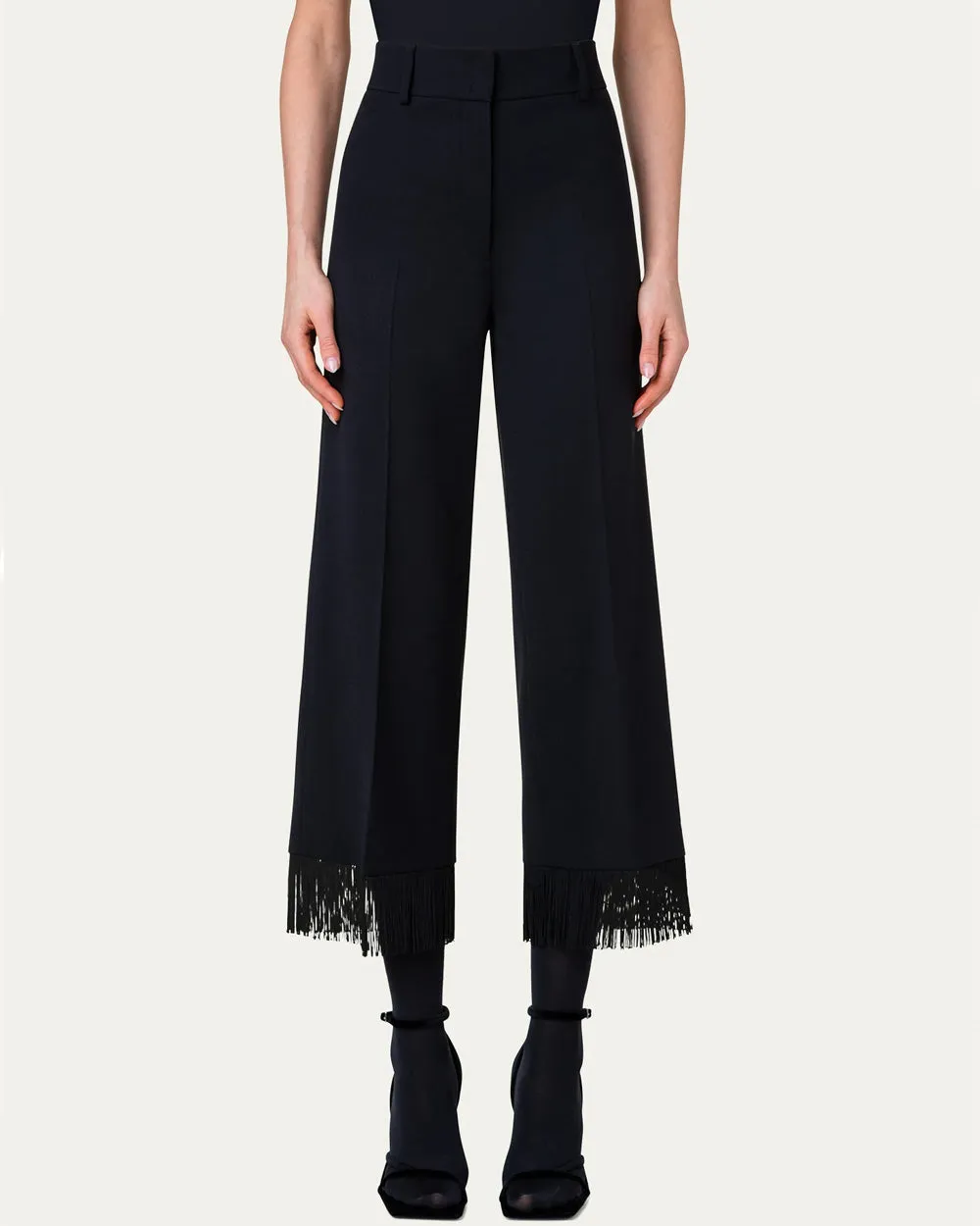 Black Wool Crepe Fringe Chieko Pant