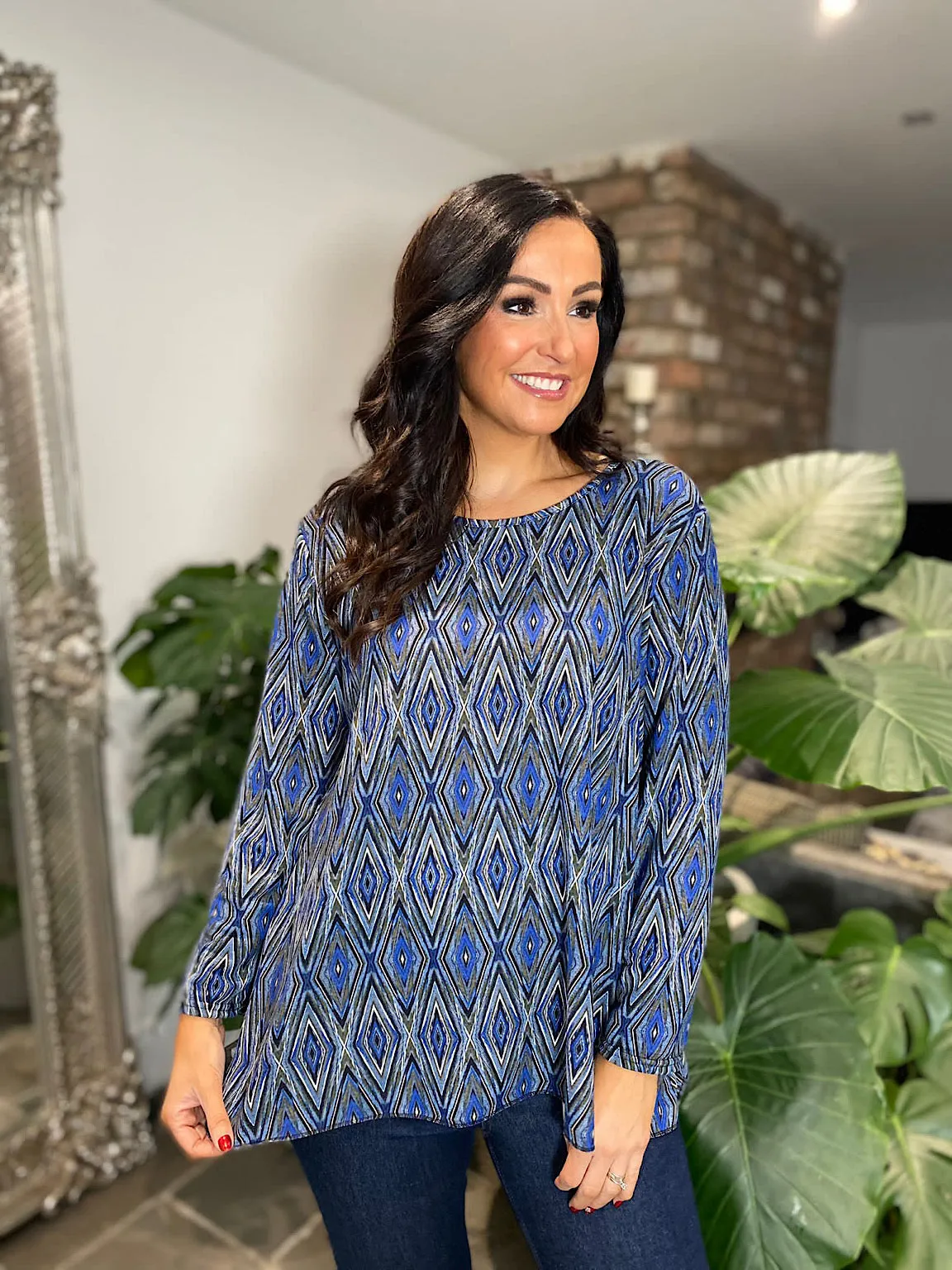 Blue Printed Round Neck Top Darcie