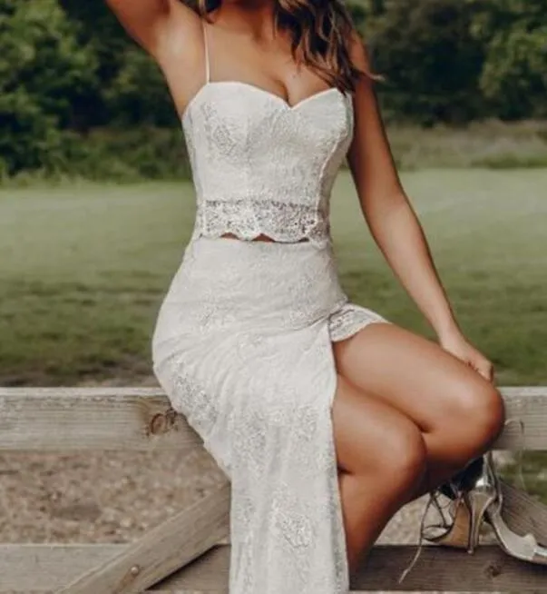 Boho Country Style Summer Lace Two Piece Spaghetti Straps Bridal Separates with Slit