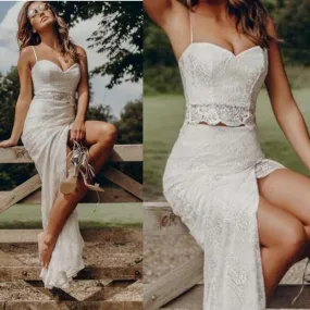 Boho Country Style Summer Lace Two Piece Spaghetti Straps Bridal Separates with Slit