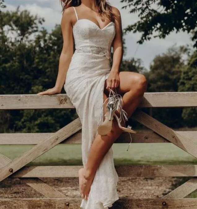 Boho Country Style Summer Lace Two Piece Spaghetti Straps Bridal Separates with Slit