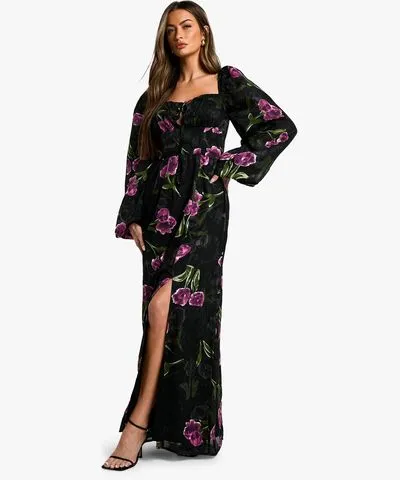 boohoo Womens Floral Burnout Milkmaid Maxi Dress