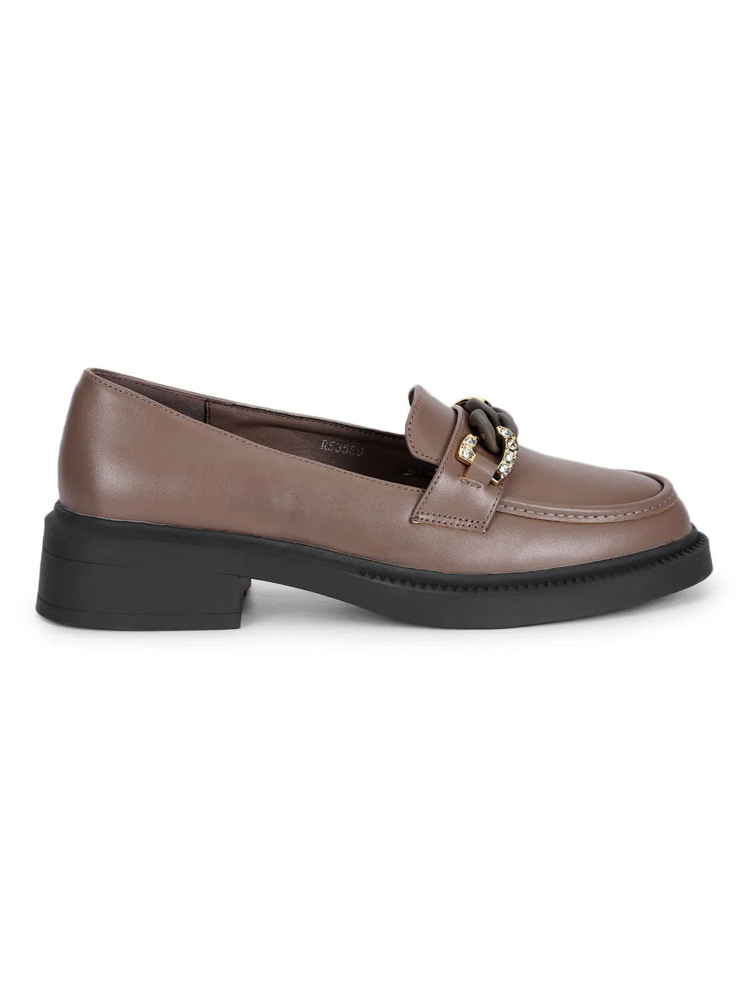 Brown PU Embellished Slip-On Heel Loafers (TC-RS3589-BRO)