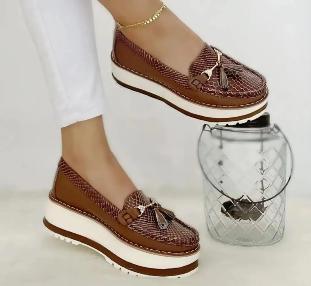 Brown Textured Platform Tassel Loafers