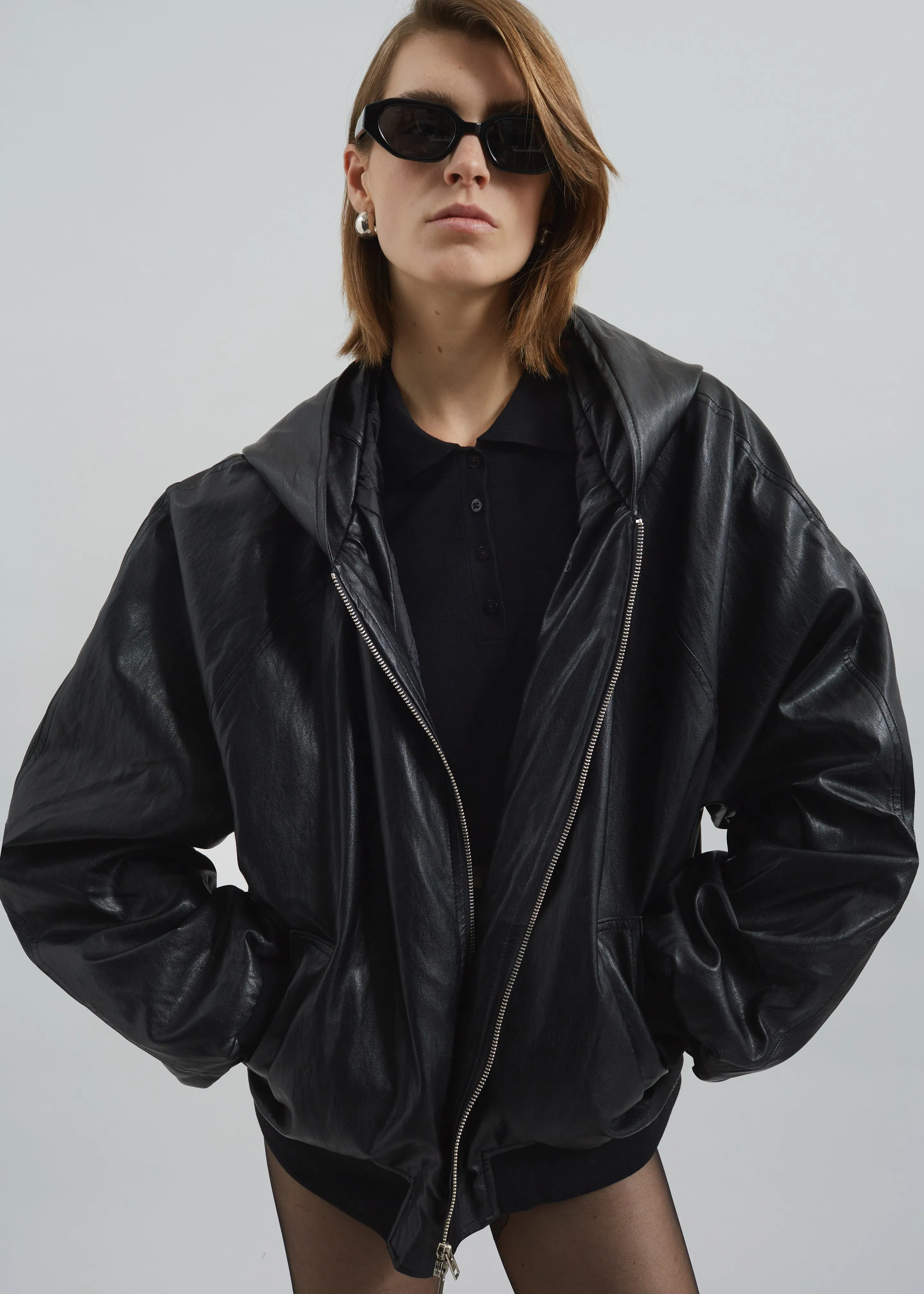 Burnaby Faux Leather Zip-Up Hoodie - Black