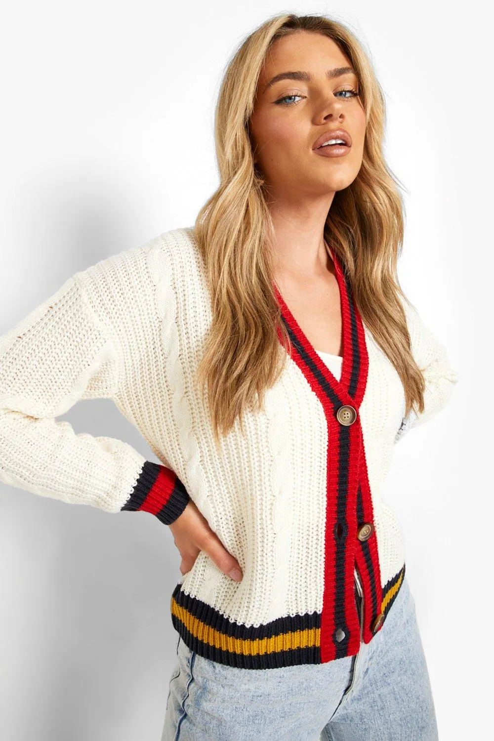 Cable Cropped Varsity Stripe Cardigan