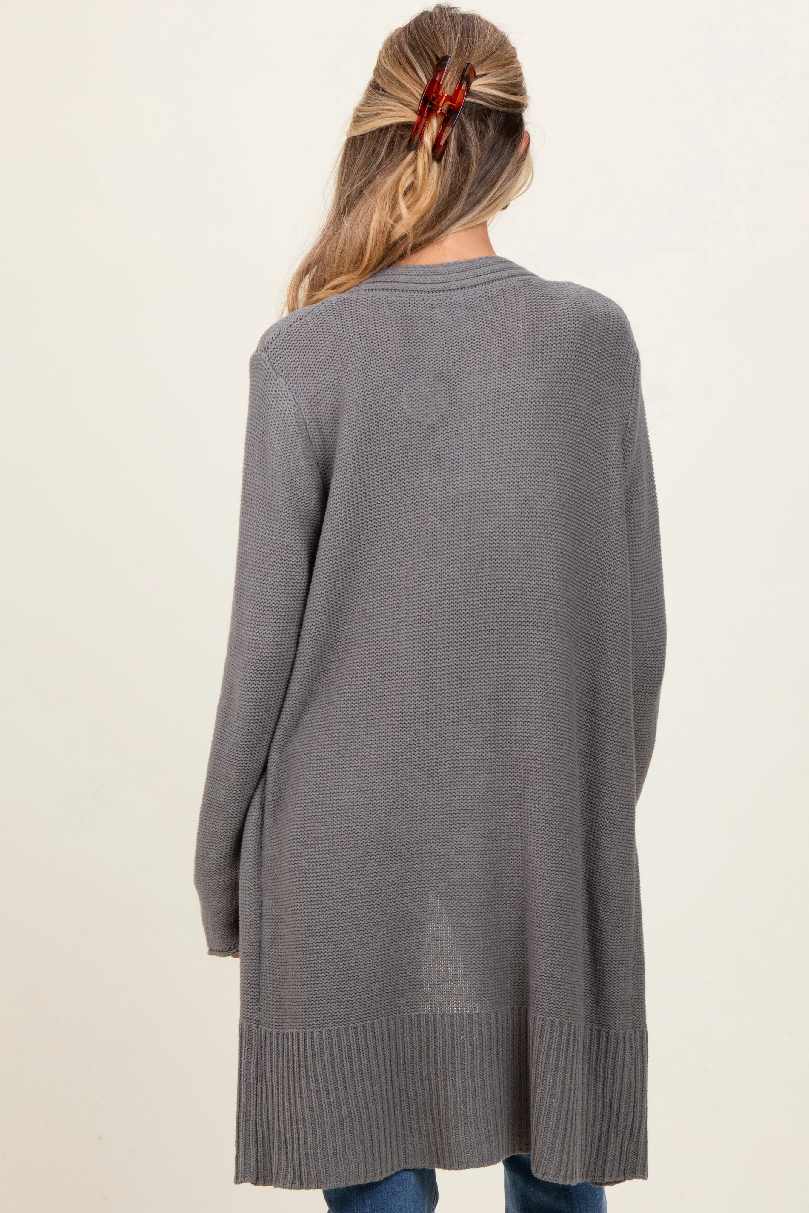 Charcoal Contrast Rib Long Maternity Open Cardigan