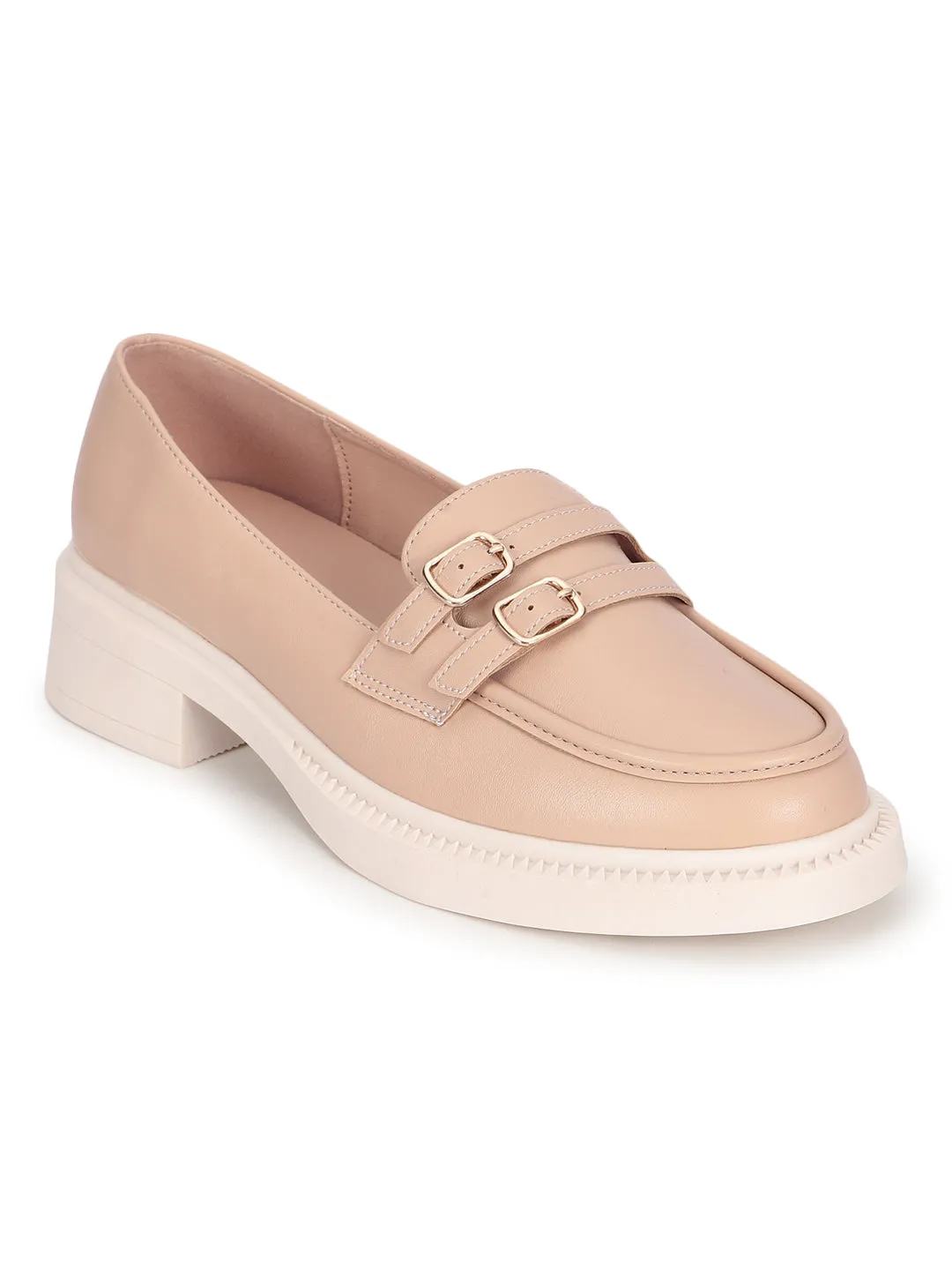 CREAM PU DOUBLE BUCKLE SLIP-ON HEEL LOAFERS (TC-RS3588-CR