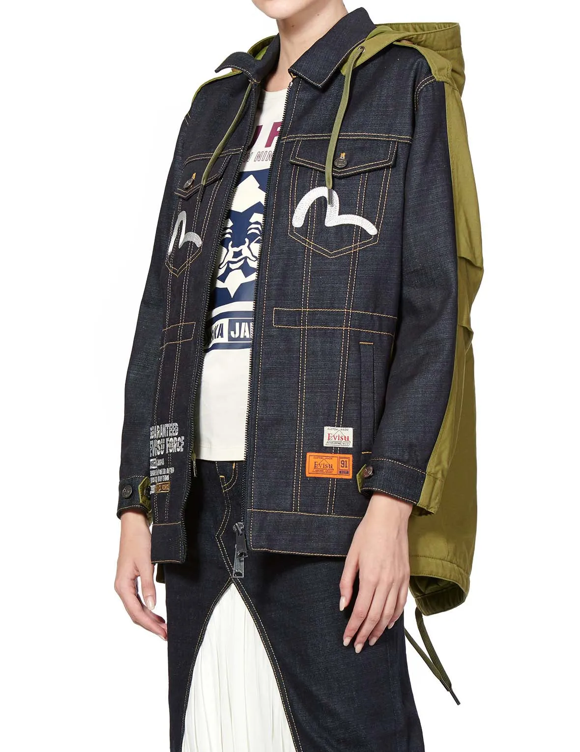 Denim Blocking Jacket with Kamon and Logo Embroidery