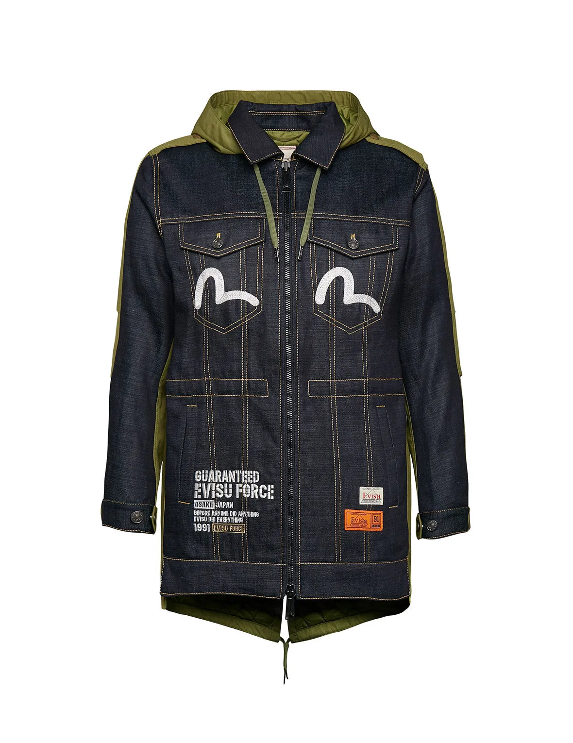 Denim Blocking Jacket with Kamon and Logo Embroidery