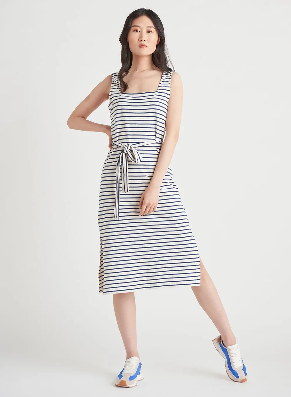 Dex Belted Knit Midi Dress in Navy Cream Stripe