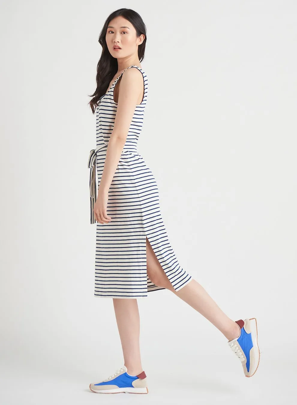 Dex Belted Knit Midi Dress in Navy Cream Stripe