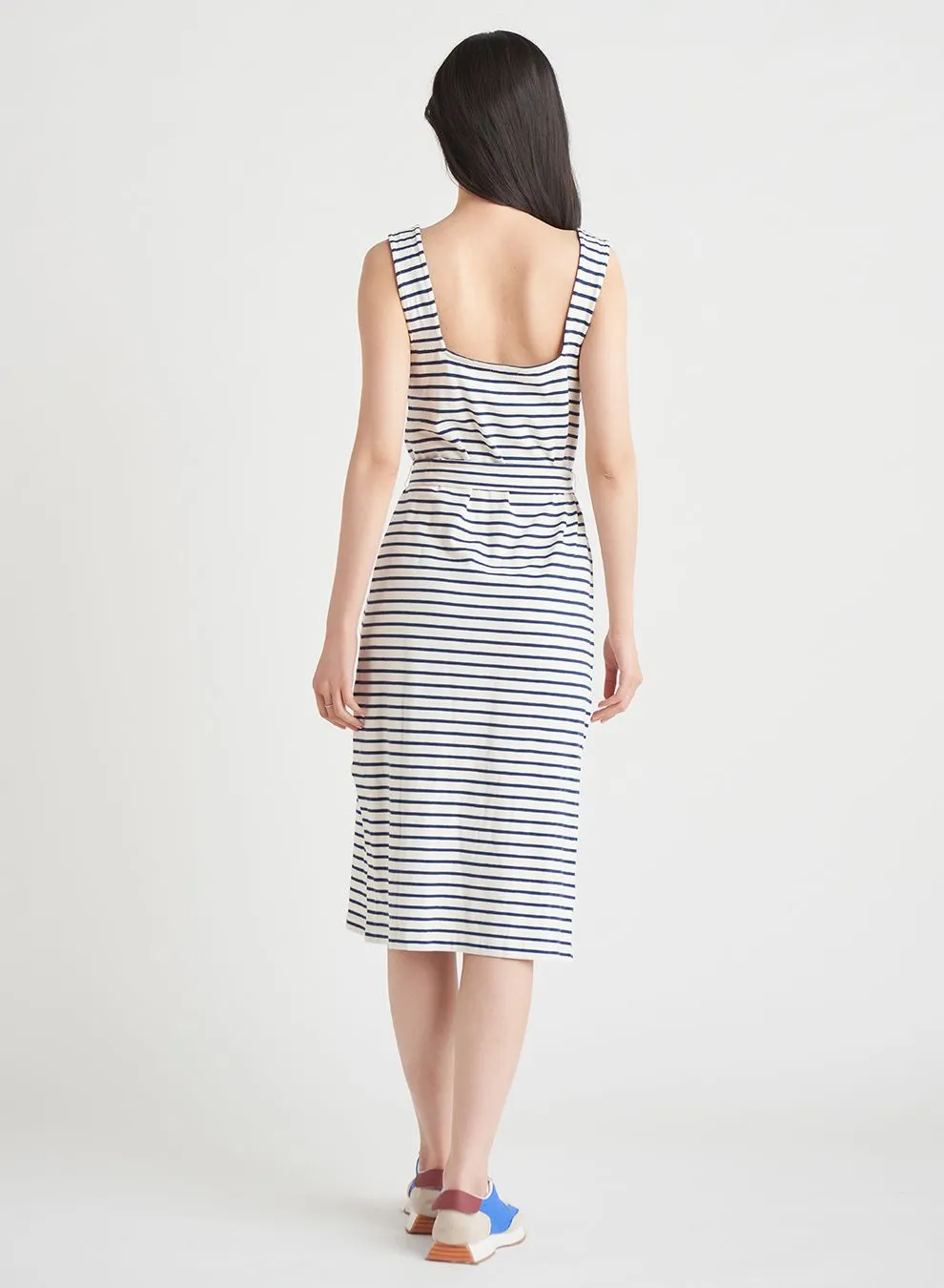 Dex Belted Knit Midi Dress in Navy Cream Stripe