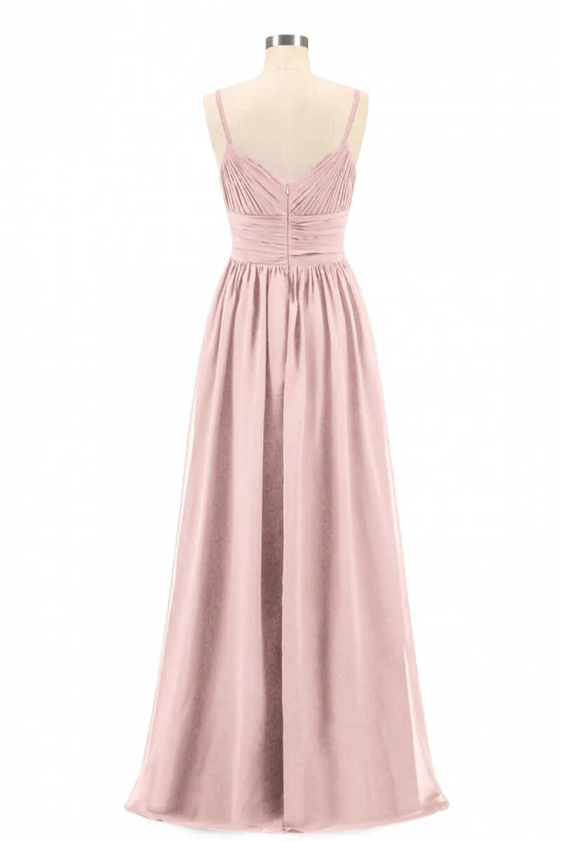 Dusty Pink Spaghetti Straps Banded Waist Long Bridesmaid Dress