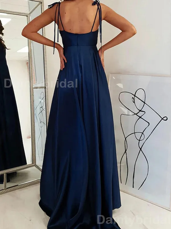 Elegant Spaghetti Straps Side Slit A-line Satin Dark Navy Long Evening Prom Dress Online, OL086