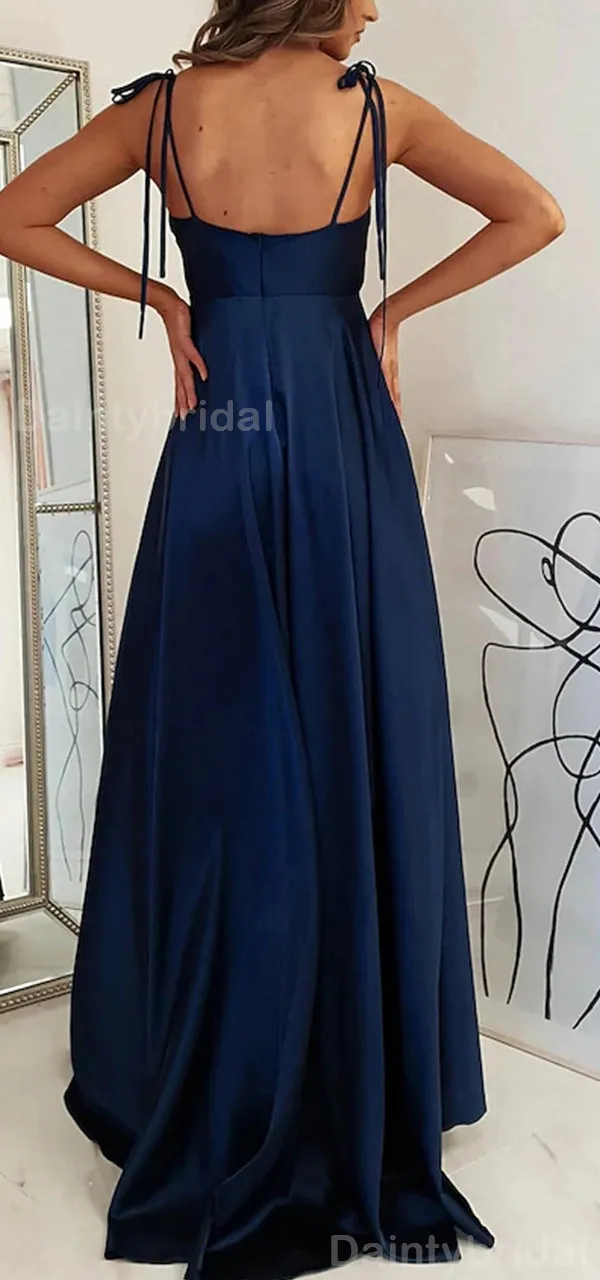 Elegant Spaghetti Straps Side Slit A-line Satin Dark Navy Long Evening Prom Dress Online, OL086