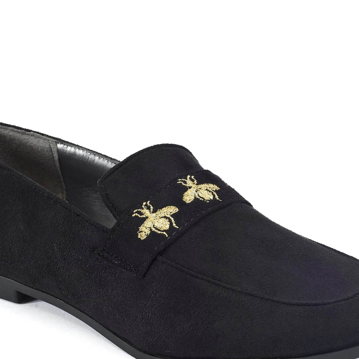 Faux Suede Bee Detail Flat Slip On Loafers