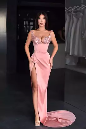 Glamorous Pink Sequin Prom Dress with Spaghetti Straps and Side Slit in Luxurious Satin Fabric