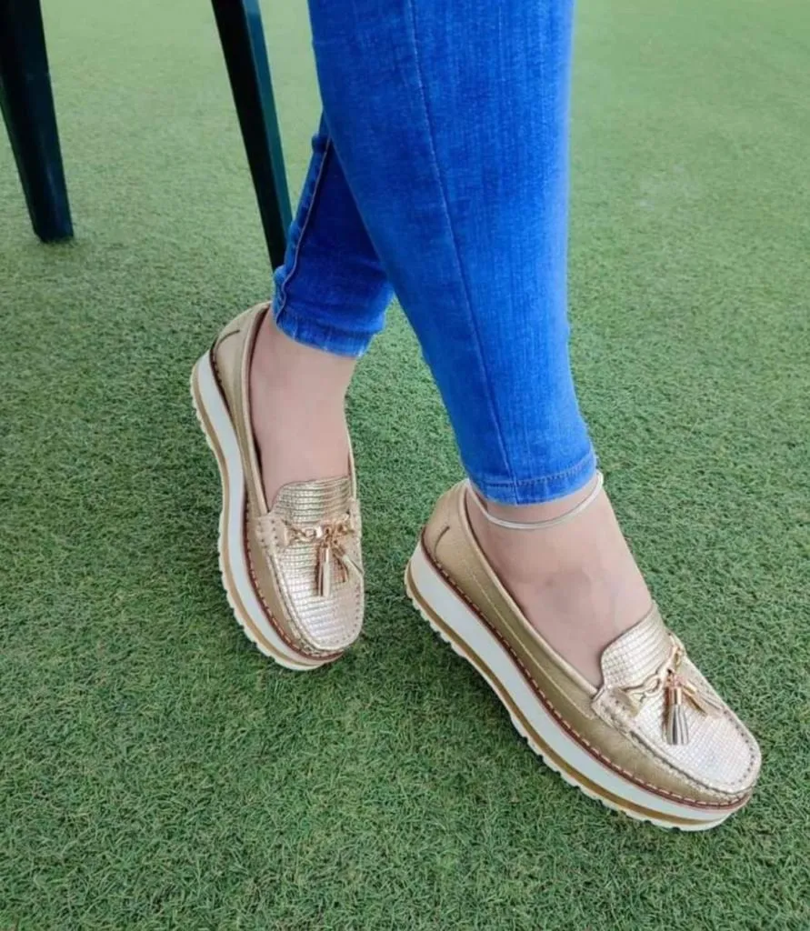 Gold Metallic Platform Tassel Loafers