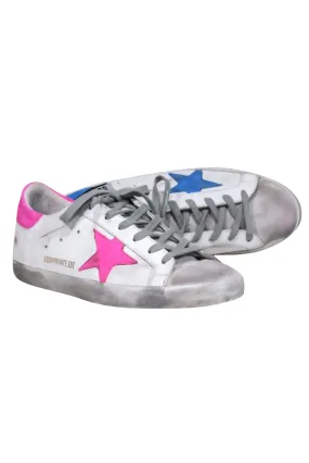 Golden Goose - White 'Private Edition' Sneakers w/ Contrasting Blue & Pink Trim Sz 10