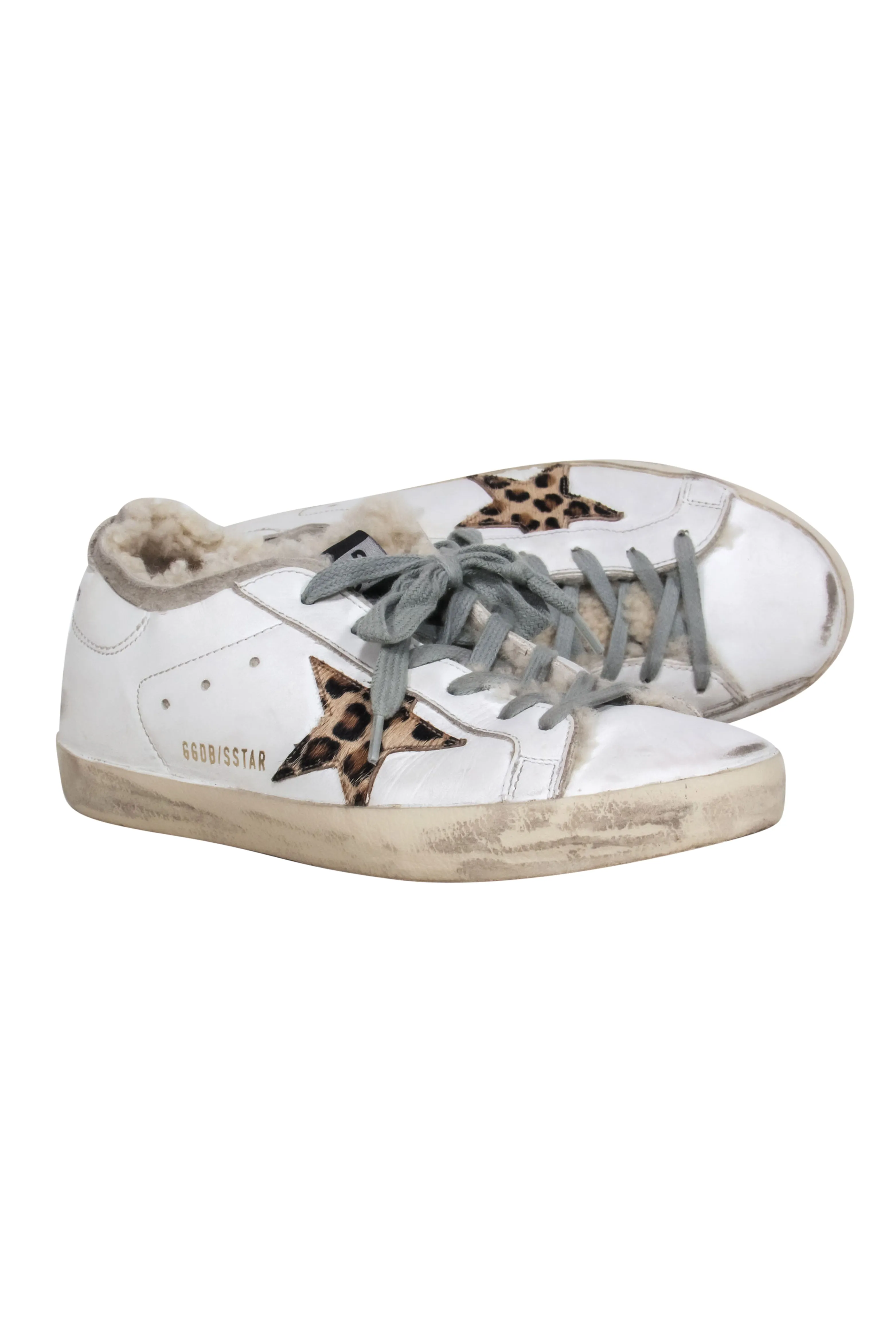 Golden Goose - White Superstar Sherpa Lined Lace Up Sneakers w/ Leopard Star Sz 7