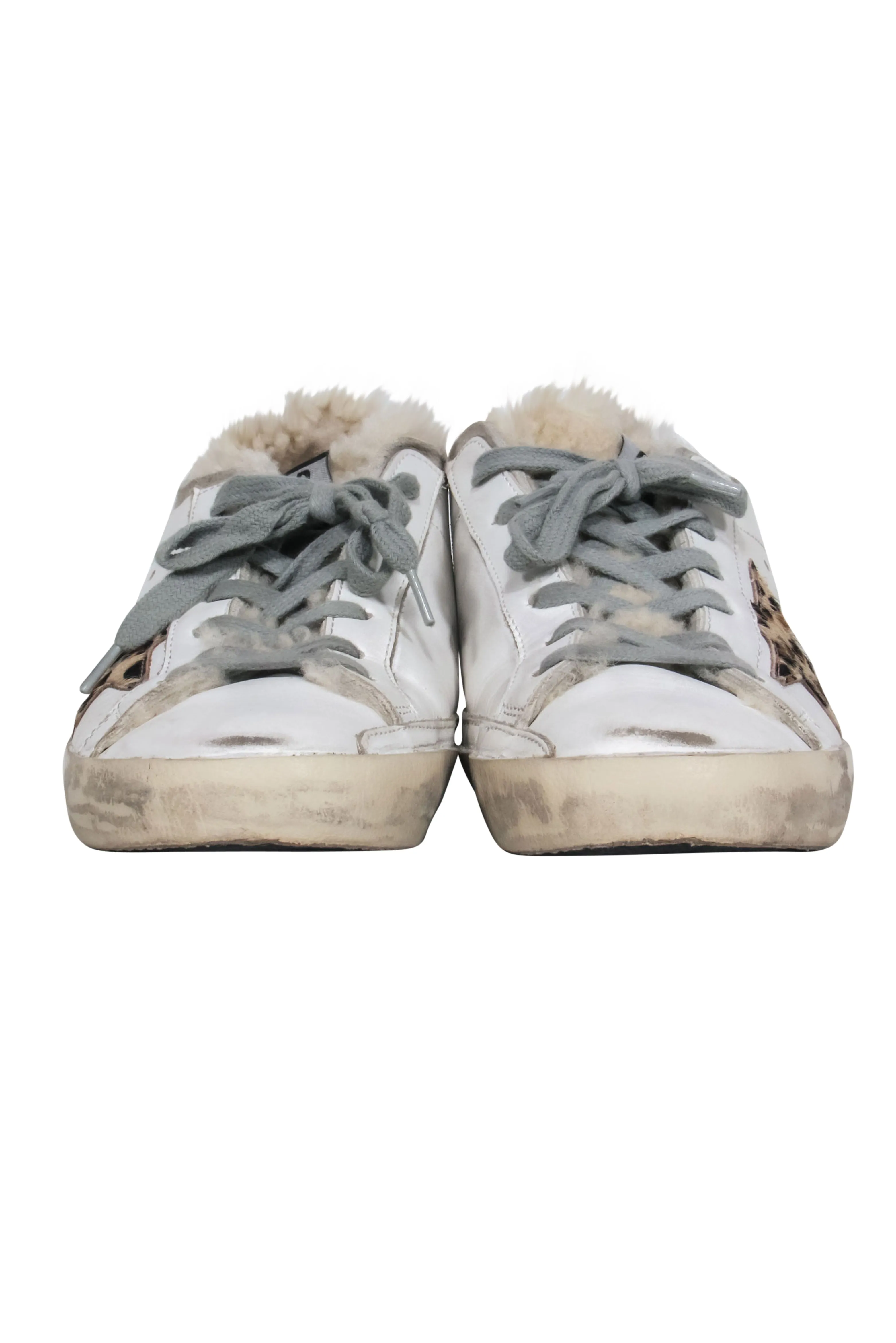 Golden Goose - White Superstar Sherpa Lined Lace Up Sneakers w/ Leopard Star Sz 7