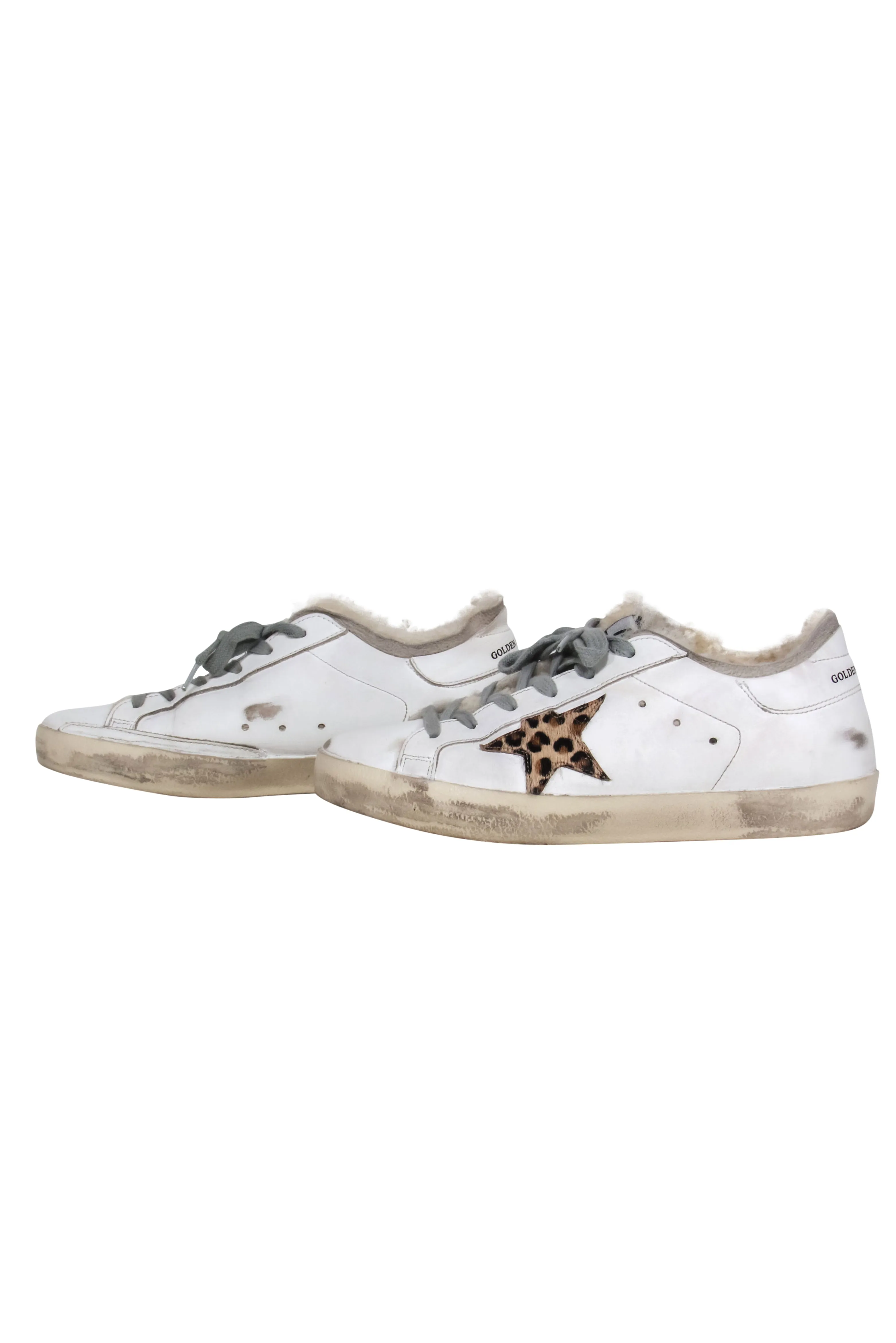 Golden Goose - White Superstar Sherpa Lined Lace Up Sneakers w/ Leopard Star Sz 7