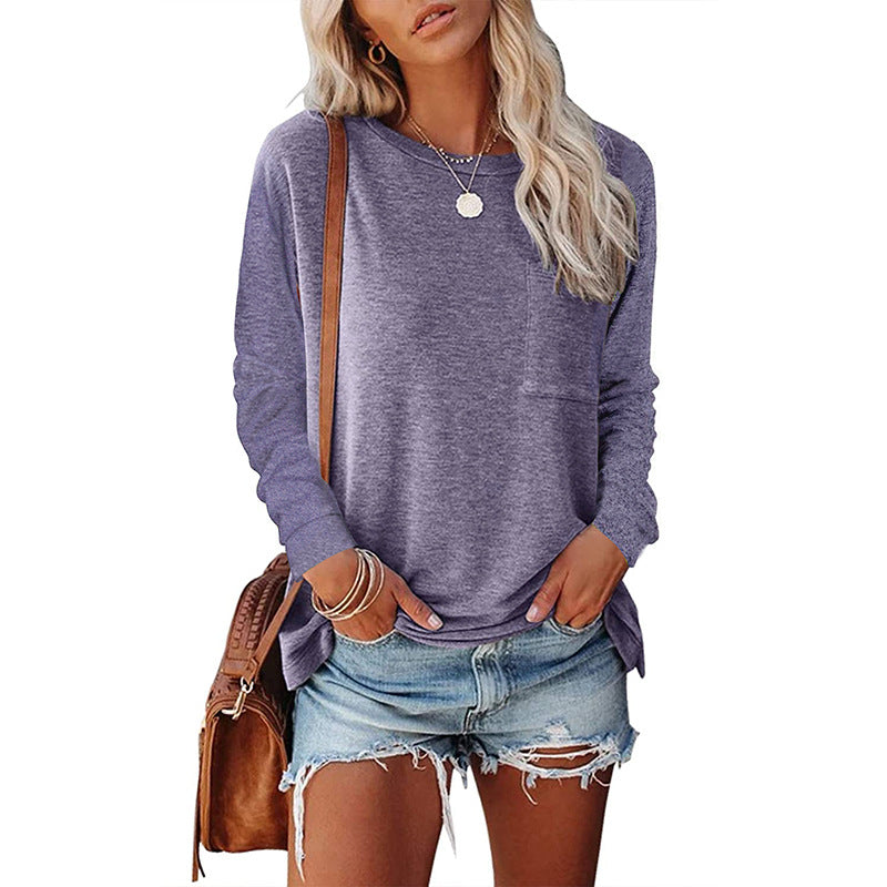 Haute Edition Long Sleeve Heather Round Neck Top with Pocket