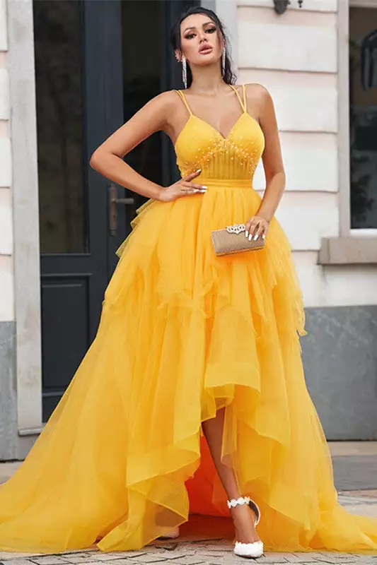 High-Low Tulle Prom Gown with Delicate Spaghetti Straps