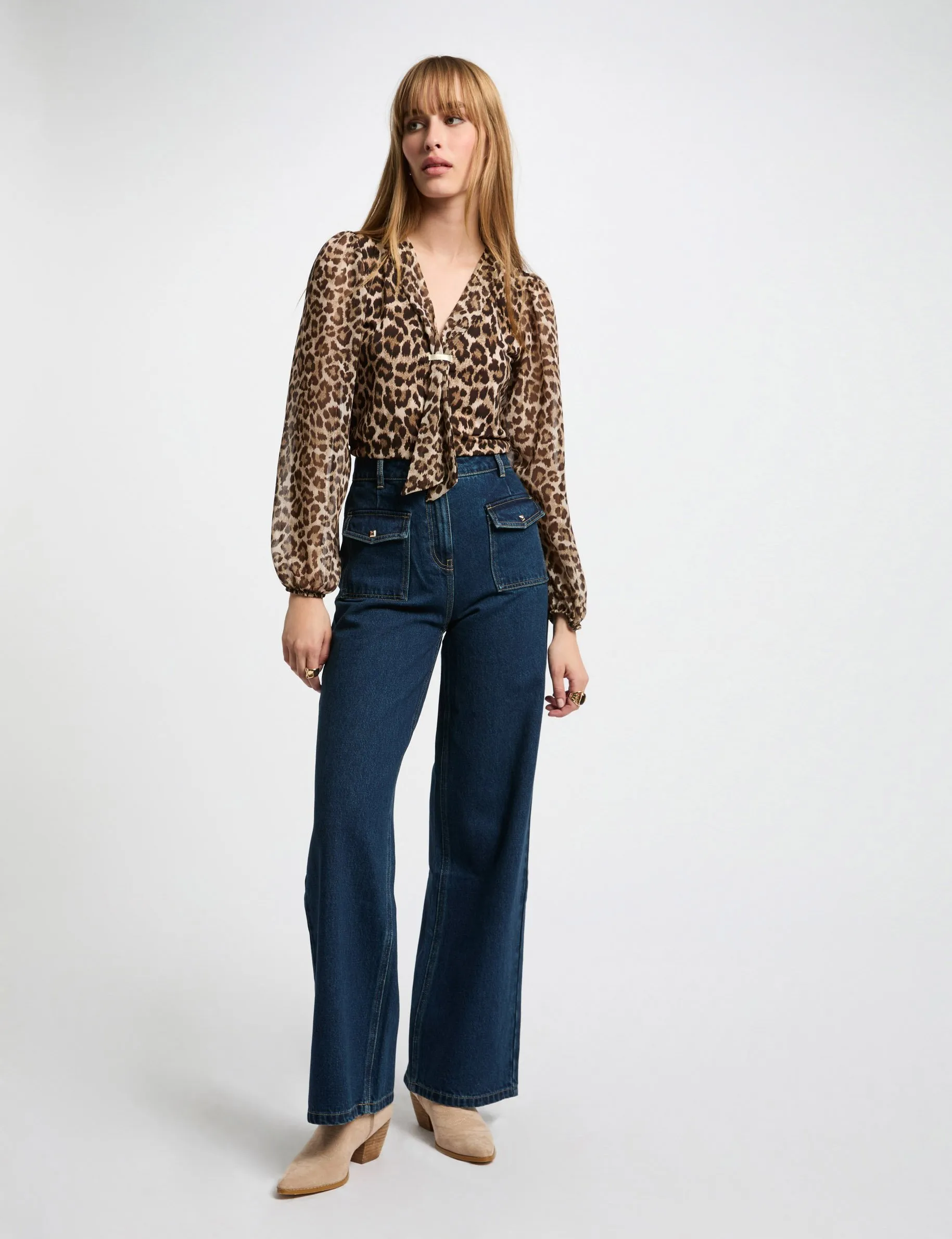 High-waisted wide leg jeans raw denim women