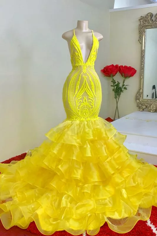 Lemon Yellow Mermaid Prom Dress with Spaghetti Straps and Lace Ruffles