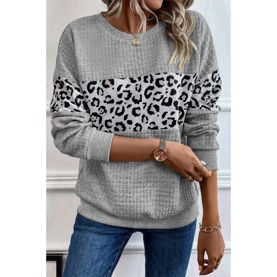 Leopard Round Neck Long Sleeve Sweatshirt