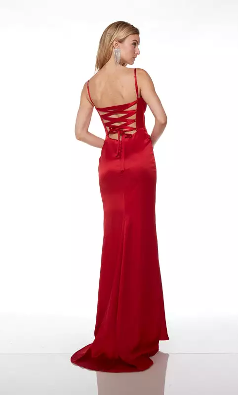 Long Plunging Neckline Formal Dress with Spaghetti Straps and High Slit