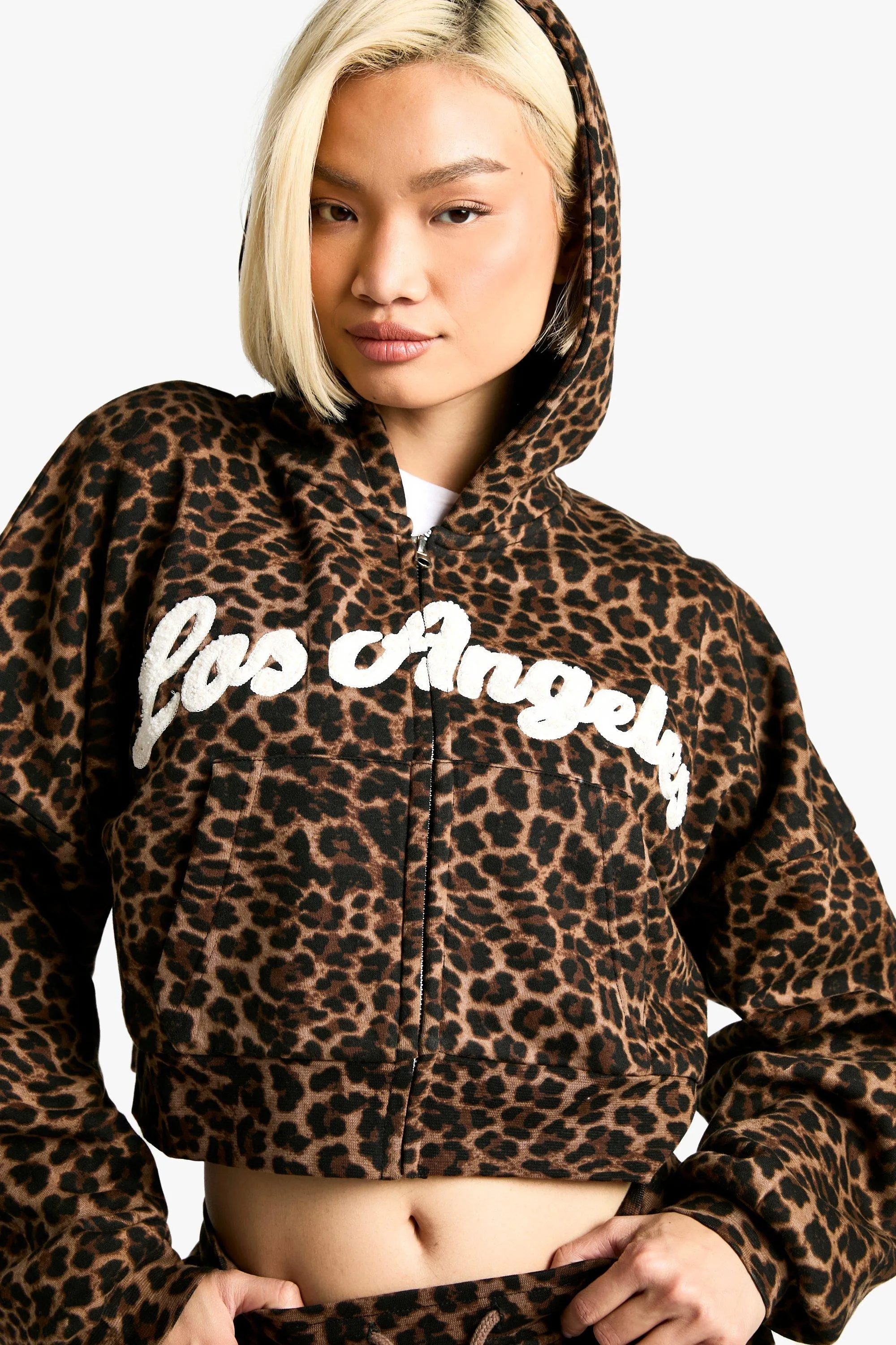 LOS ANGELES APPLIQUE LEOPARD PRINT BOXY ZIP THROUGH HOODIE