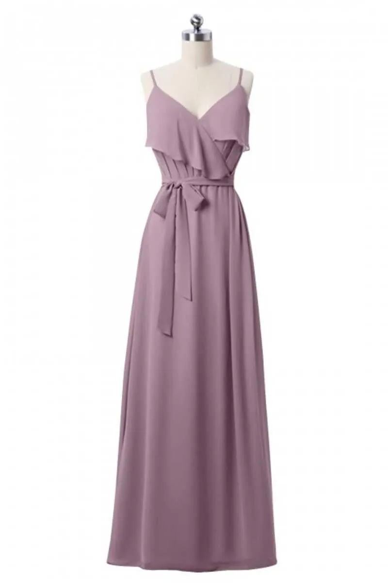 Mauve Pink Chiffon Spaghetti Straps Ruffled A-Line Bridesmaid Dress