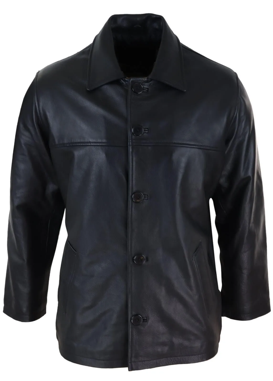 Men Mid Black Length Classic Leather Coat