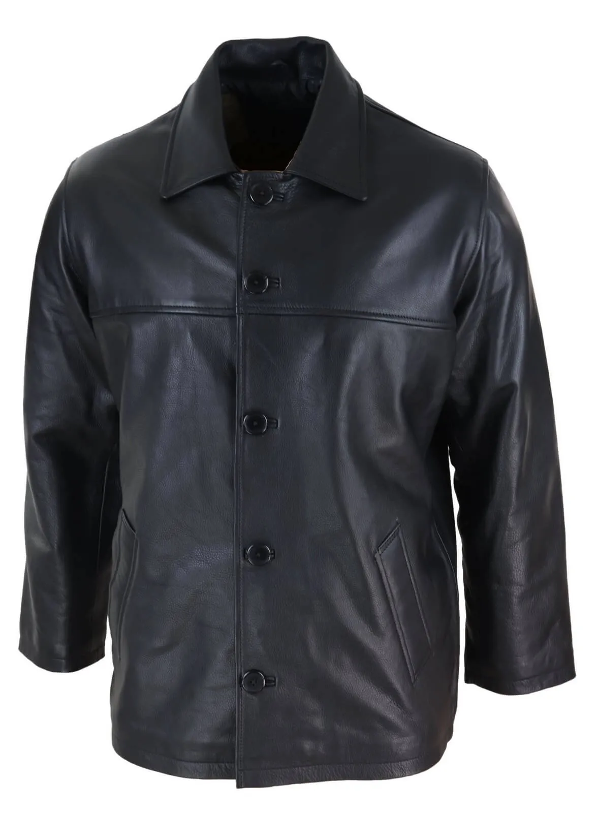 Men Mid Black Length Classic Leather Coat