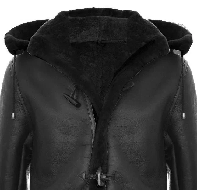 Men's Shearling Sheepskin Duffle Coat WW2 UK Winter 3/4 Leather Hood