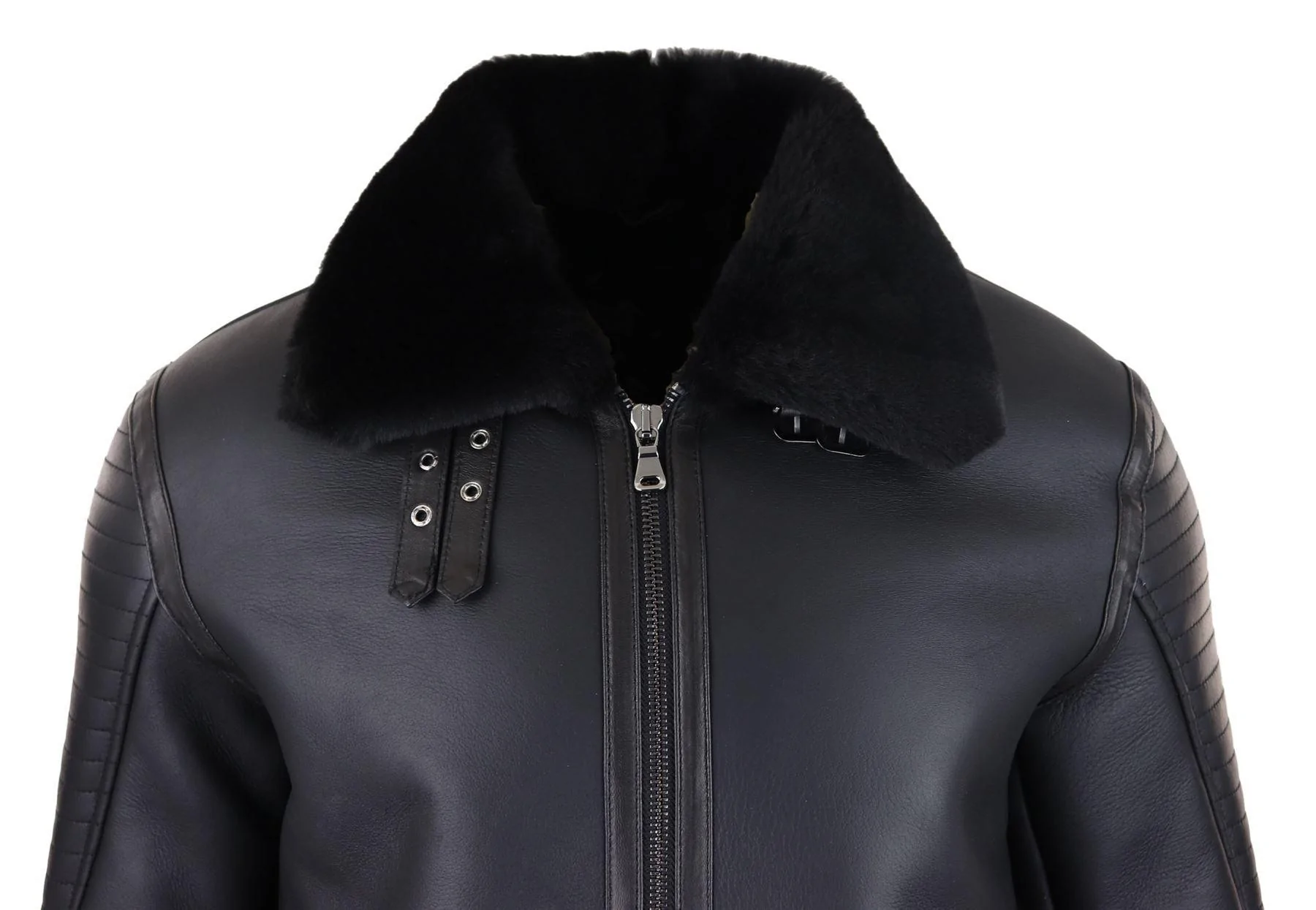 Mens Black Real Sheepskin Flying Jacket Zipped WW2 Pilot Black Winter Warm Coat