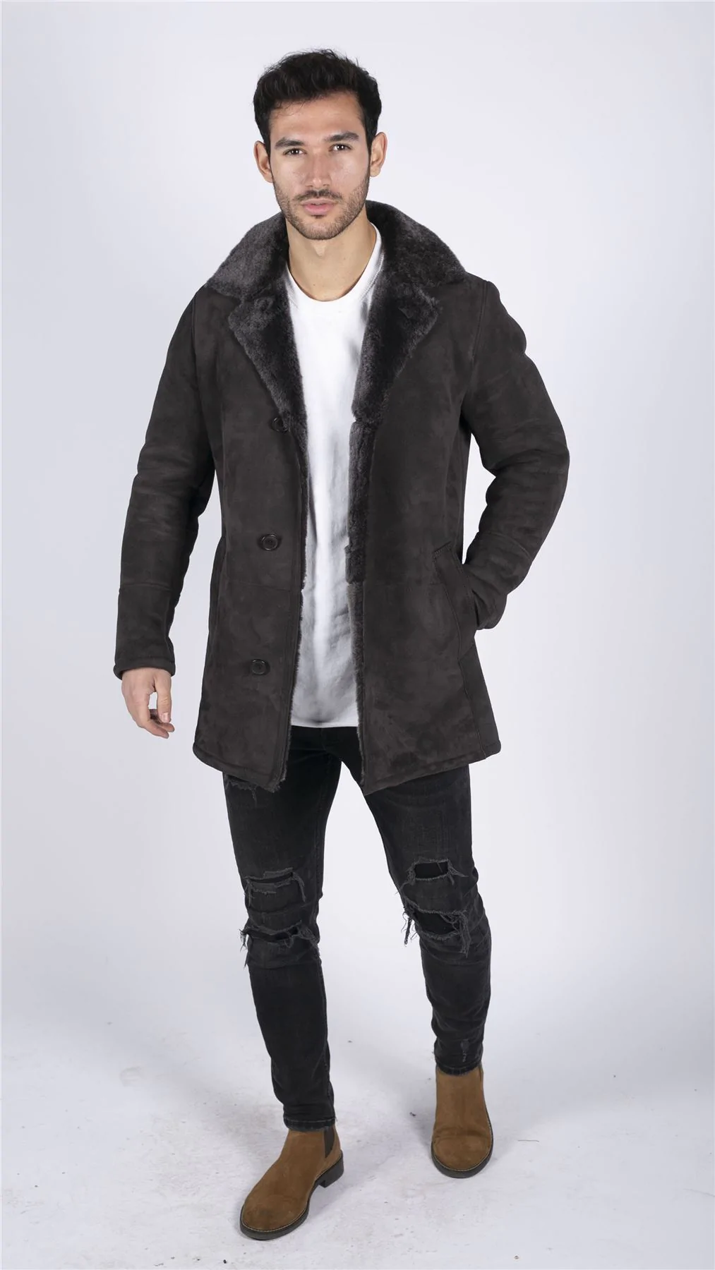 Mens Real Sheepskin Coat Brown Vintage Classic 3/4 Jacket Button Down V Neck