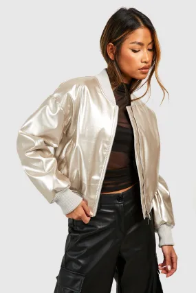 Metallic Vinyl Crop Faux Leather Bomber Jacket