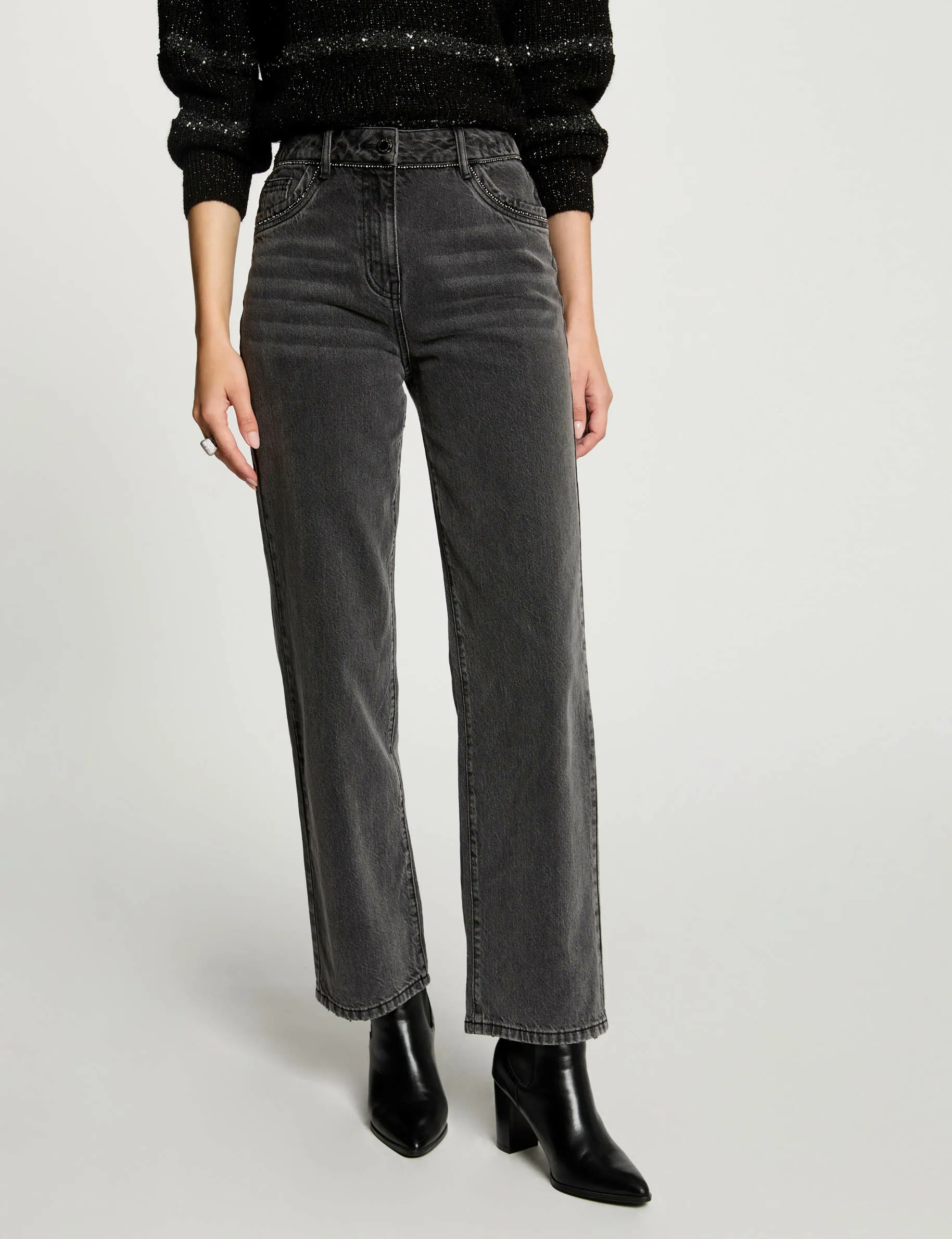 Mom jeans with rhinestones light grey women