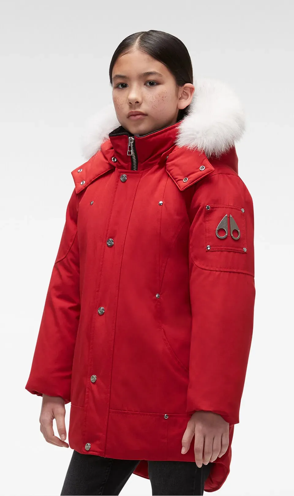 Moose Knuckles Kids Unisex Original Parka Winter Coat in Deep Red / Natural Fur Parka